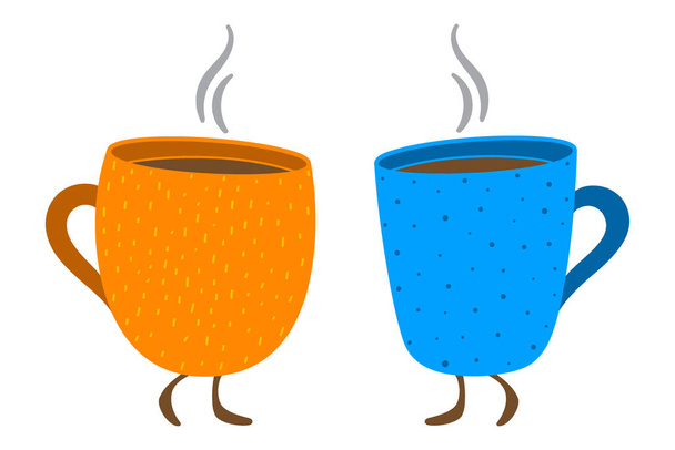 Dos tazas anaranjadas y azules que caminan llenas de café caliente o té, ilustración divertida del vector de la historieta. - Vector, imagen