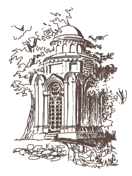Tinta vintage desenhada à mão e paisagem de esboço de caneta. Capela Rotunda em estilo arquitetônico bizantino antigo em Chernihiv city.Vector traçou linha de contorno marrom em um fundo branco - Vetor, Imagem