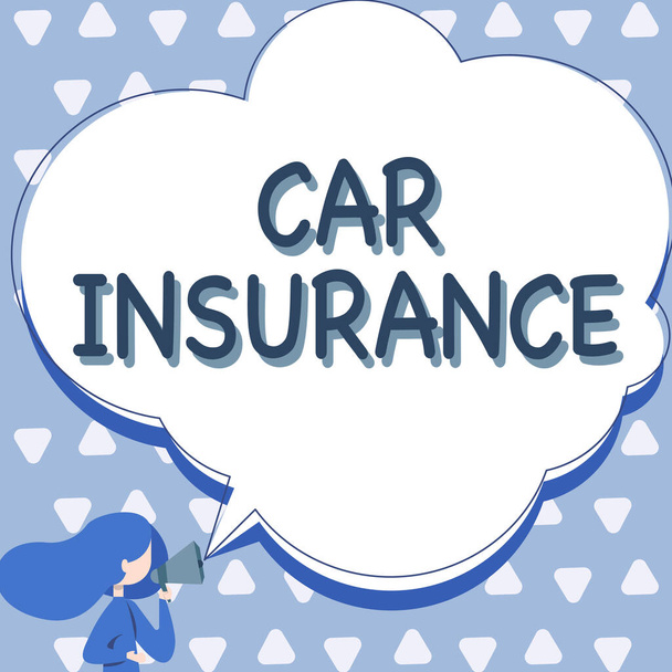 Conceptual display Car Insurance. Business idea Accidents coverage Comprehensive Policy Motor Vehicle Guaranty Woman Talking Through Megaphone Making Announcement With Speech Bubble. - 写真・画像