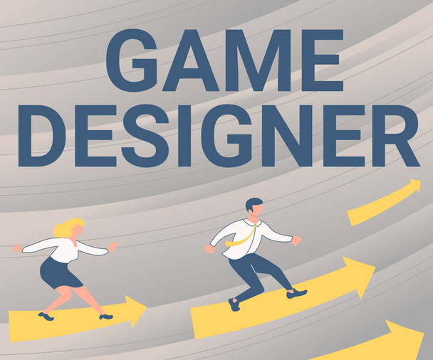 Conceptual display Game Designer. Internet Concept Campaigner Pixel Scripting Programmers Consoles 3D Graphics Arrows Guiding Two Collaborating Colleagues Towards Better Financial Plan - 写真・画像
