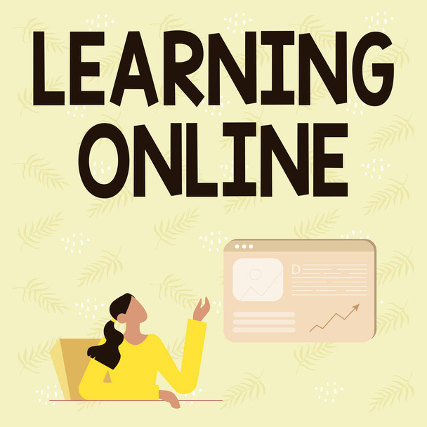 Käsin kirjoittaminen merkki Learning Online. Liiketoimintatapa Opi jotain uutta internetin ja teknologian avulla Line Drawing Lady Istuminen esittelee uusia ideoita Web-selain näyttö - Valokuva, kuva