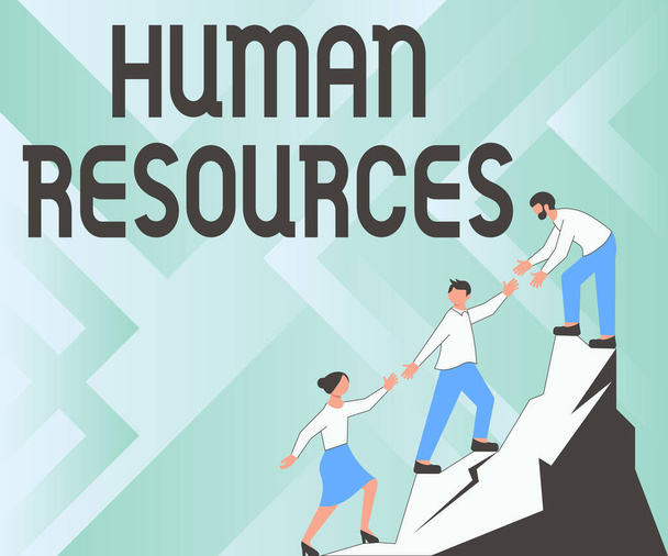 Text caption presenting Human Resources. Word Written on The showing who make up the workforce of an organization Colleagues Climbing Upwards Mountain Reaching Success Presenting Teamwork. - 写真・画像