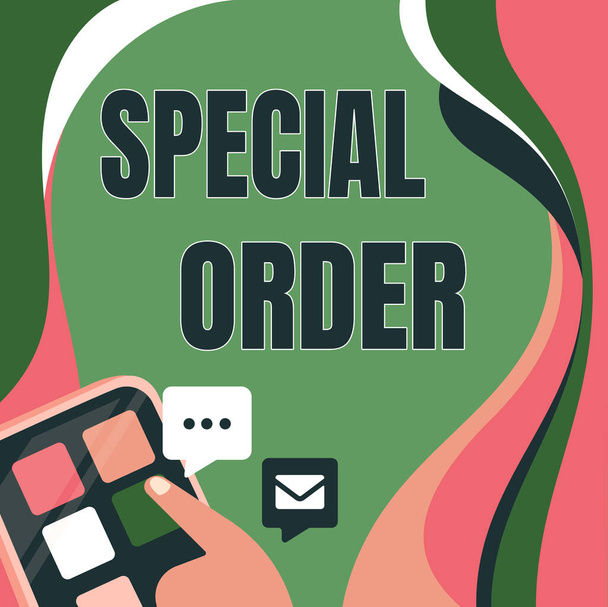 Text caption presenting Special Order. Business approach Specific Item Requested a Routine Memo by Military Headquarters Finger Pressing Application Button Presenting Global Network Connection. - Photo, Image