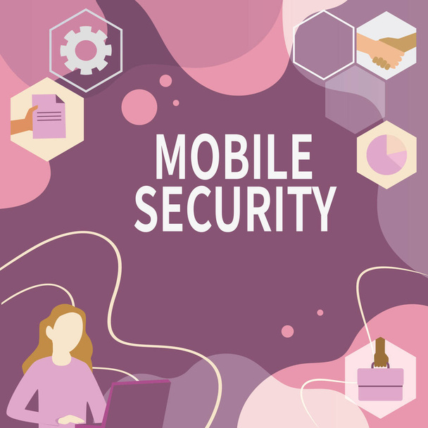 モバイルセキュリティを示すテキスト記号。ビジネスアプローチ脅威や脆弱性からの携帯電話の保護女性の革新的な思考安定した未来へのアイデア. - 写真・画像
