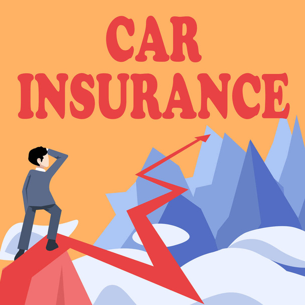 Text caption presenting Car Insurance. Business approach Accidents coverage Comprehensive Policy Motor Vehicle Guaranty Man watching horizon arrow pointing symbolizing future project success. - 写真・画像