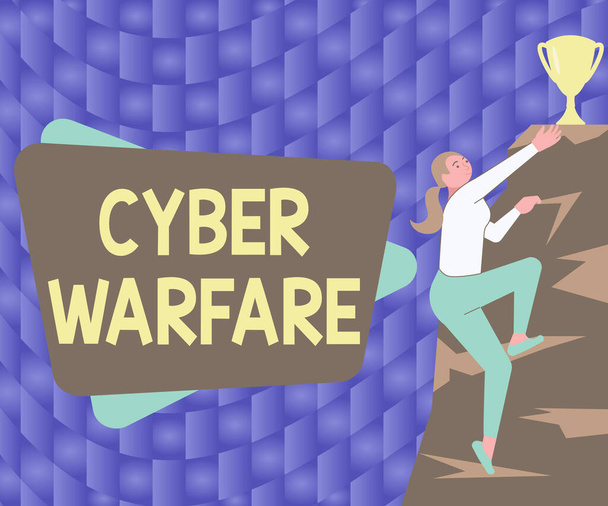 L'ispirazione mostra segni di Cyber Warfare. Business concept Virtual War Hackers System Attacchi Digital Thief Stalker Donna Arrampicata Montagna Raggiungere Trofeo Rappresentare il successo. - Foto, immagini