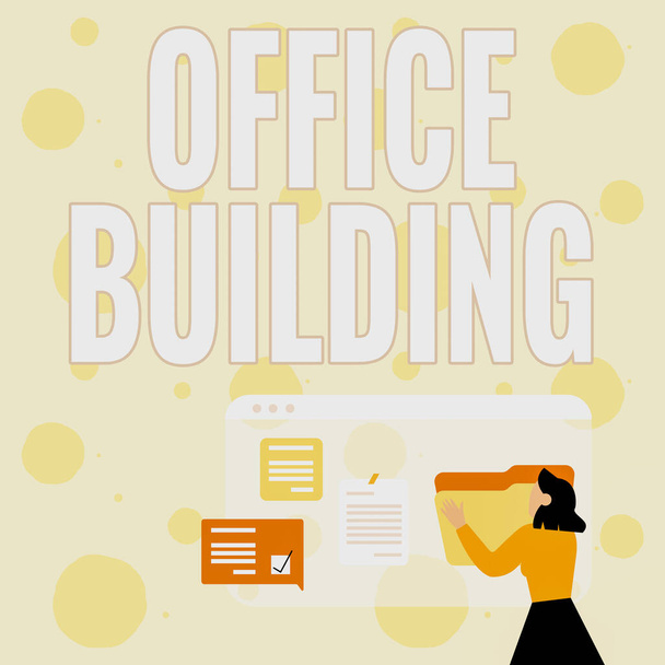 Käsitteellinen näyttö Office Building. Liikeidea Liikerakennuksia käytetään kaupallisiin tarkoituksiin Nainen Järjestäminen Selaimen historia, muokkaus Järjestäminen Online-tiedostoja, - Valokuva, kuva