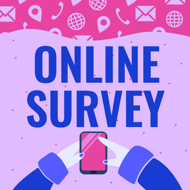Text sign showing Online Survey. Internet Concept Reappraisal Feedback Poll Satisfaction Rate Testimony Hand Holding Mobile Phone Pressing Application Button Showing Technology. - Photo, Image