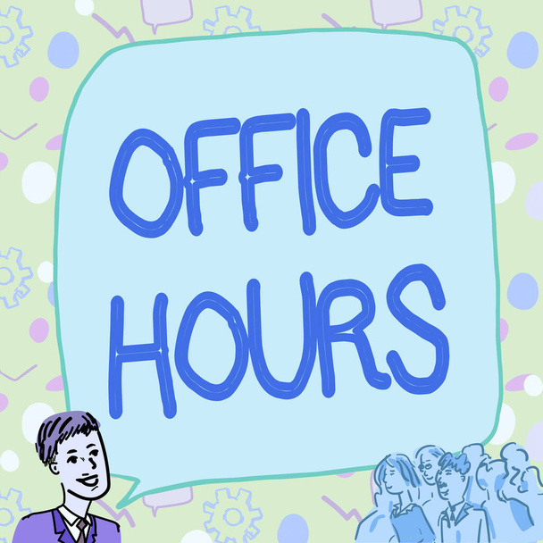 Текст с надписью "Часы работы офиса". Бизнес-витрина Часы, которые бизнес, как правило, ведется рабочее время Бизнесмен с большой речевой пузырь беседуя с толпой представляя новые идеи - Фото, изображение