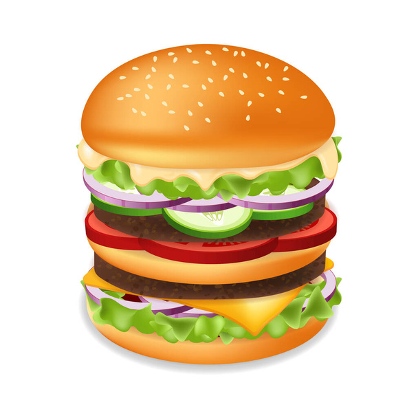 Hamburger or cheeseburger with meat and cheese Fast food meal - Vector, afbeelding