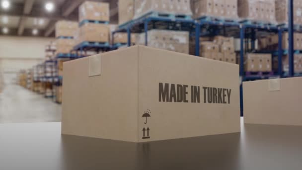 Scatole con testo MADE IN TURKEY su nastro trasportatore. Prodotti turchi relativi all'animazione 3D loop - Filmati, video