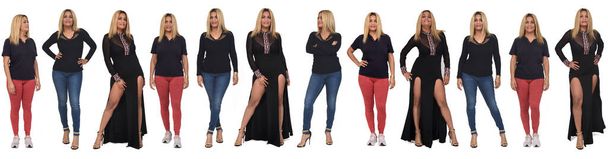 large group of same women with various outfits on white background - Фото, изображение