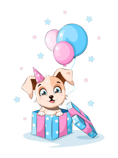 Cartoon kleiner Welpe sitzt in einer Geschenkbox mit Luftballons - Vektor, Bild