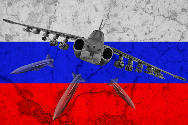 Russia aggressor. Abstract russian flag behind supersonic missile bomber jet with missiles. War aggression conflict concept - 写真・画像