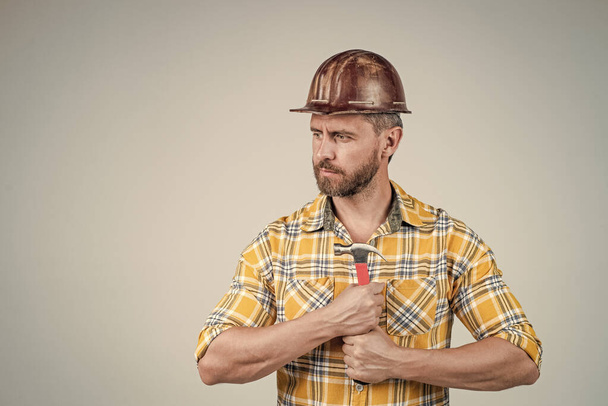 mature man wear checkered shirt. professional constructor ready. builder engineer. - Photo, image