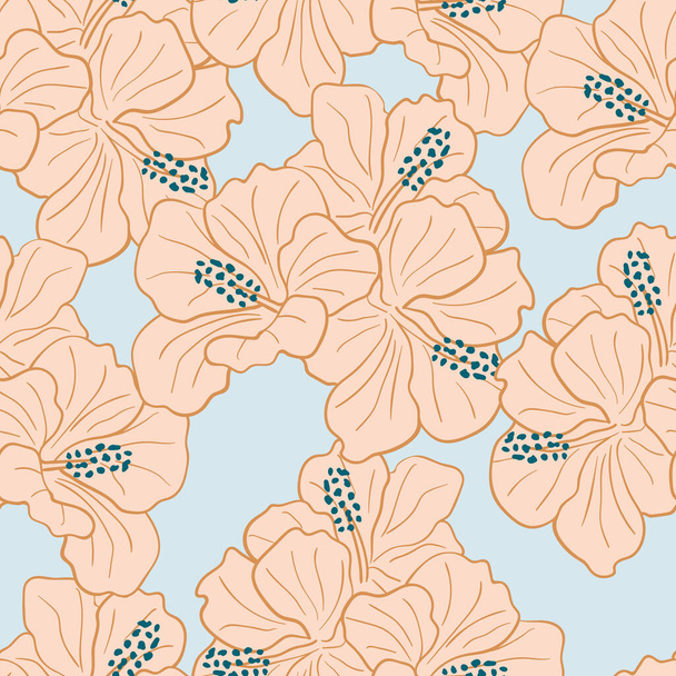 Moderne tropische Blumen mit nahtlosem Muster. Hibiskus blüht Hintergrund. Exotisches Dschungel-Geschenkpapier. Schöner Druck mit handgezeichneten exotischen Pflanzen - Vektor, Bild