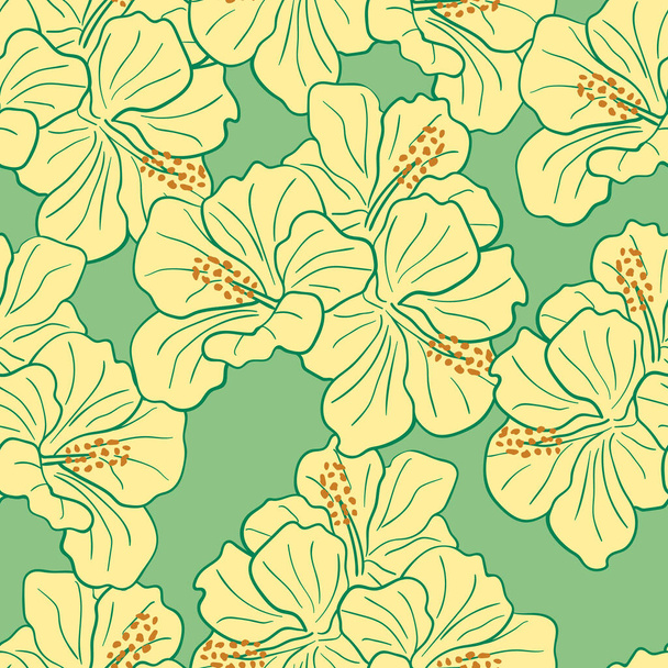 Flores tropicales modernas diseño de patrón sin costuras. Hibiscus flores fondo. Papel exótico para envolver la selva. Hermoso estampado con plantas exóticas dibujadas a mano - Vector, Imagen