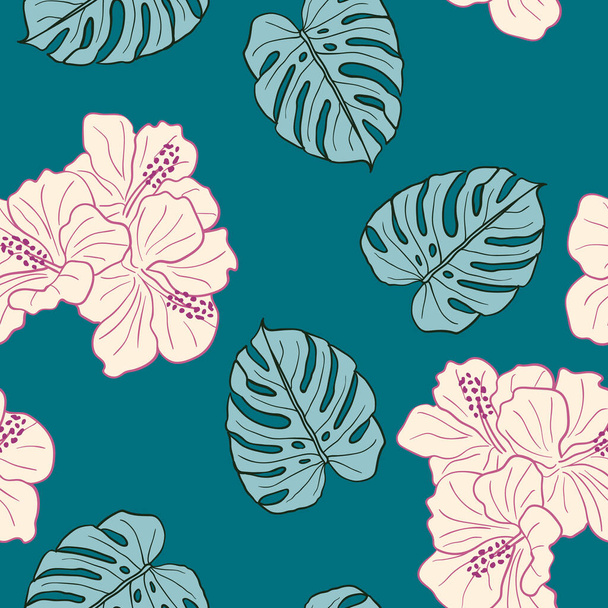 Hibiscus flowers and leaves seamless pattern background. Tropical nature wrapping paper or textile design. Beautiful print with hand-drawn exotic flower. - Vektör, Görsel