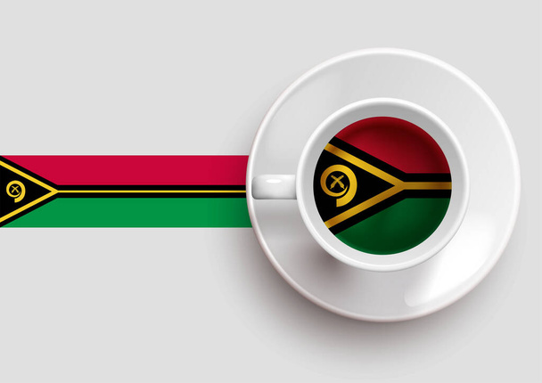 Vanuatu lippu maukas kahvikuppi päälle näkymä ja kaltevuus tausta. Kuuma juoma Vanuatun lipulla, vektorikuvaus.  - Vektori, kuva