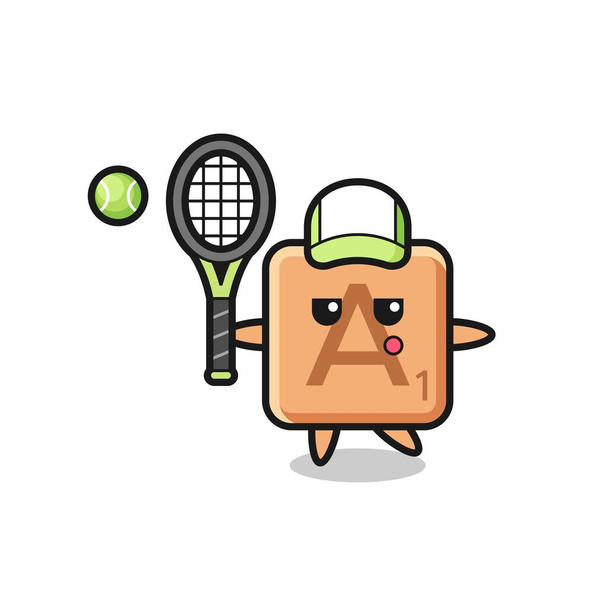 Personaje de dibujos animados de scrabble como jugador de tenis, lindo diseño - Vector, Imagen