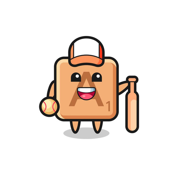 Personaje de dibujos animados de scrabble como jugador de béisbol, lindo diseño - Vector, Imagen