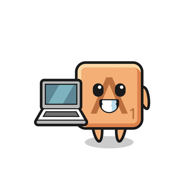 Mascota Ilustración de scrabble con un ordenador portátil, lindo diseño - Vector, Imagen