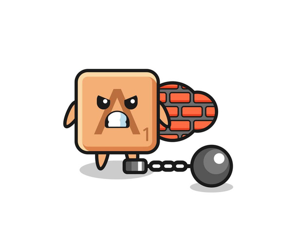 Personaje mascota de scrabble como un prisionero, lindo diseño - Vector, Imagen