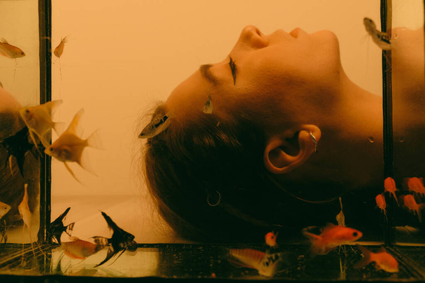 porrait of woman underwater with fish concept - Foto, Imagen