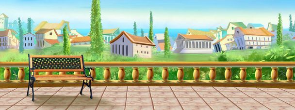 View of the city from the paving slab observation deck with bench. Digital Painting Background, Illustration. - 写真・画像