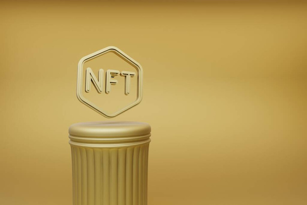 Mooie abstracte illustraties gouden NFT Token symbool pictogrammen op een gouden kolom en prachtige achtergrond. 3d weergave illustratie. Achtergrondpatroon voor ontwerp. - Foto, afbeelding