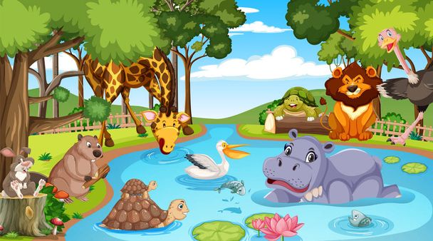 Animali selvatici personaggi dei cartoni animati nella foresta scena illustrazione - Vettoriali, immagini