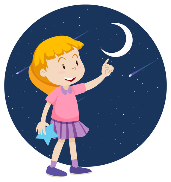 Dziewczyna wskazująca palcem na ilustrację księżyca - Wektor, obraz