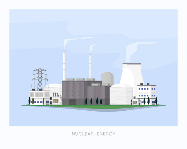 Nükleer enerji, nükleer santral fabrikaya ve şehre elektrik sağlıyor. - Vektör, Görsel
