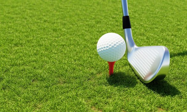 Golfový míček a golfový klub s fairway zeleným pozadím. Sportovní a sportovní koncept. Prostorové vykreslování - Fotografie, Obrázek