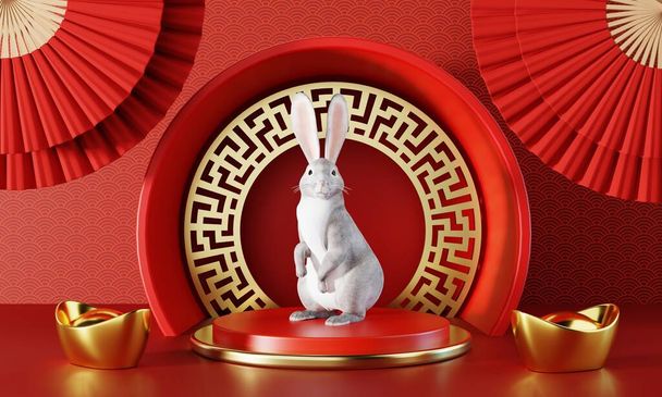 Китайський новий 2023 рік кролика або кролика на червоному китайському візерунку з ручним віялом. Відпустка азіатської та традиційної культури. 3D ілюстрація - Фото, зображення