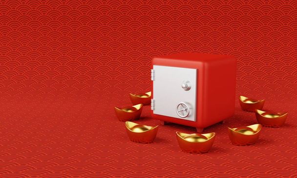 Safe box with Chinese gold ingot and Chinese culture pattern background. Chinese new year and Money savings security concept. 3D illustration rendering - Photo, Image