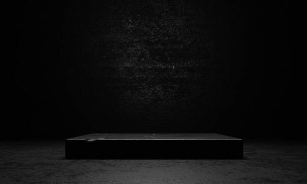 podium d'étape en ciment noir et béton avec projecteur et fond de mur grunge sombre. Résumé et objet du concept publicitaire. rendu illustration 3D - Photo, image