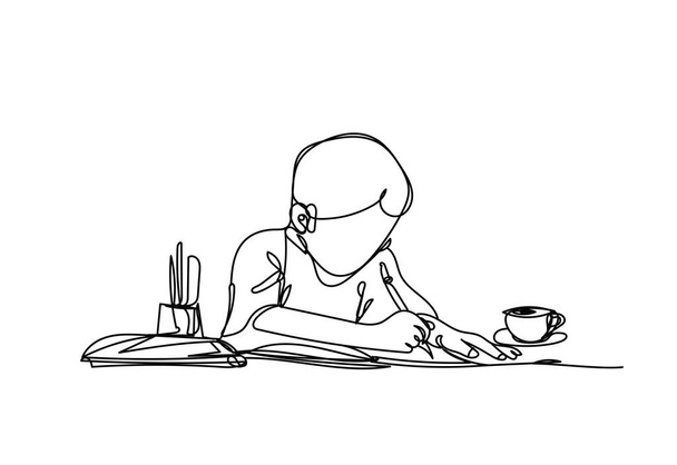 een man die een boek schrijft met een kop koffie, continue lijntekening, vectorontwerp - Vector, afbeelding