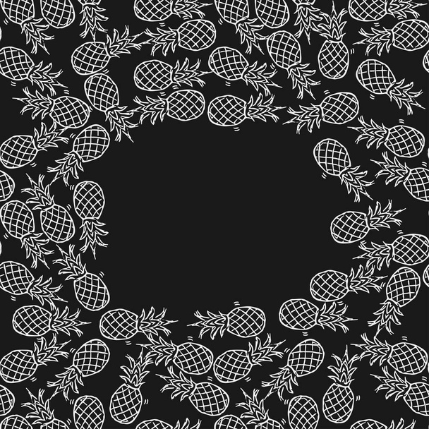 Seamless pineapple pattern with place for text. Doodle vector with pineapple icons on black background. Vintage pineapple pattern - Vektor, obrázek