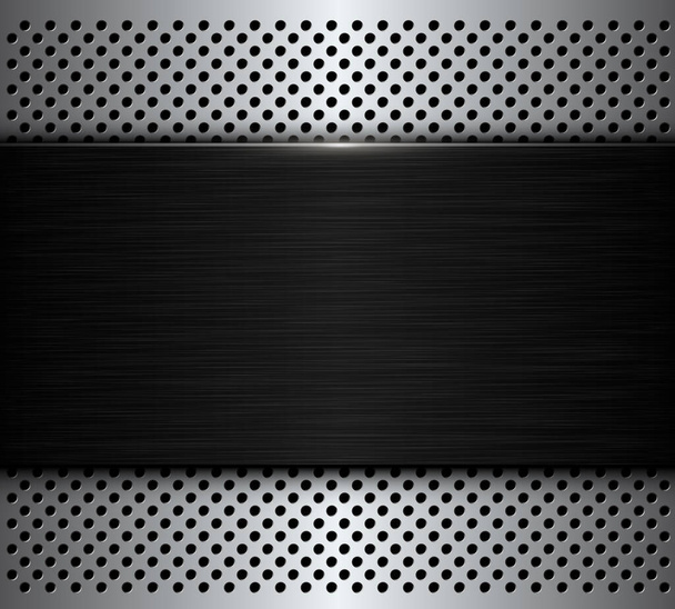 Black background with shiny glossy buttons, dark brushed metal banner on perforated holes pattern, 3D texture vector illustration. - Вектор,изображение