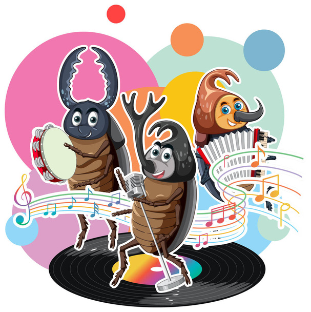 Group of beetle playing music together illustration - Vector, Image