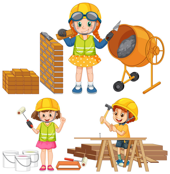 Concrete mixing drum with cartoon character illustration - Vector, Image
