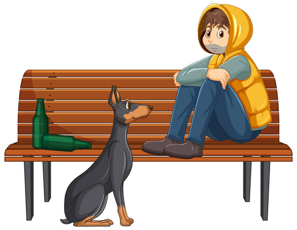 Homeless man sitting on bench illustration - Vector, imagen