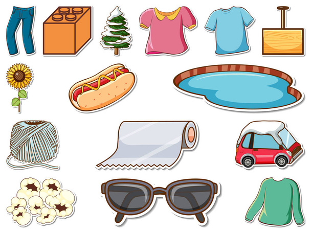 Sticker set van gemengde dagelijkse objecten illustratie - Vector, afbeelding