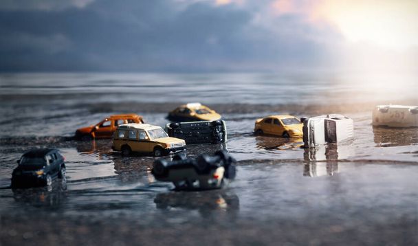 Scéna automobilů (miniatura, model hračky) v záplavách z přírodních pohrom, silného deště, tajfunu, hurikánu.. - Fotografie, Obrázek