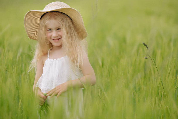menina com cabelos longos andando no campo de centeio no dia de verão quente e nublado
. - Foto, Imagem