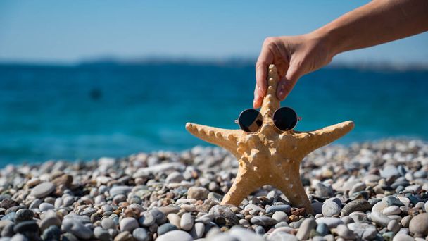 Woman holding a starfish in sunglasses on a pebble beach by the sea. - Foto, afbeelding