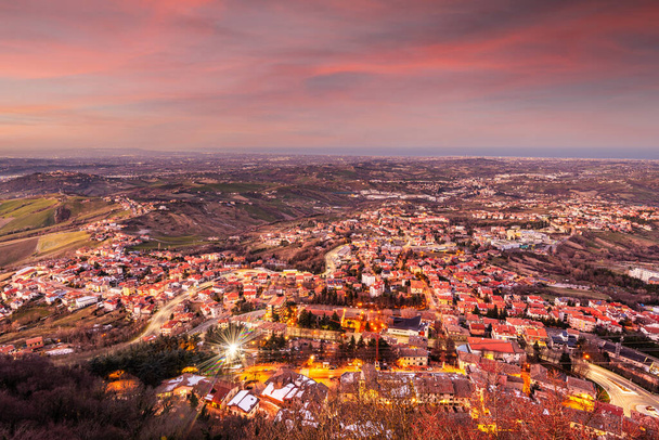 San Marino, a landlocked country within Italy from Monte Titano at dusk. - Photo, Image