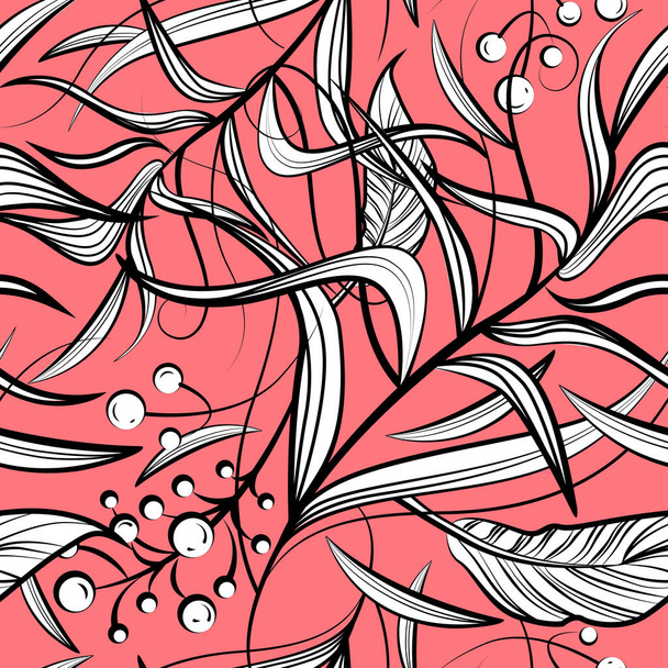Floral seamless pattern with black and white flowers, leafs, berries. Vector line art for coloring book design, fashion, textile, greeting cards, gift wrapping paper, scrapbooking. Coral background - Vektör, Görsel