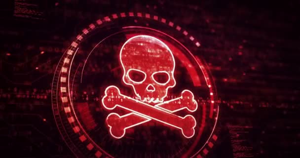 Skull pirate, online cyberattack, hack, threat and breach security symbol digital concept. Network, cyber technology and computer background abstract 3d animation. - Footage, Video